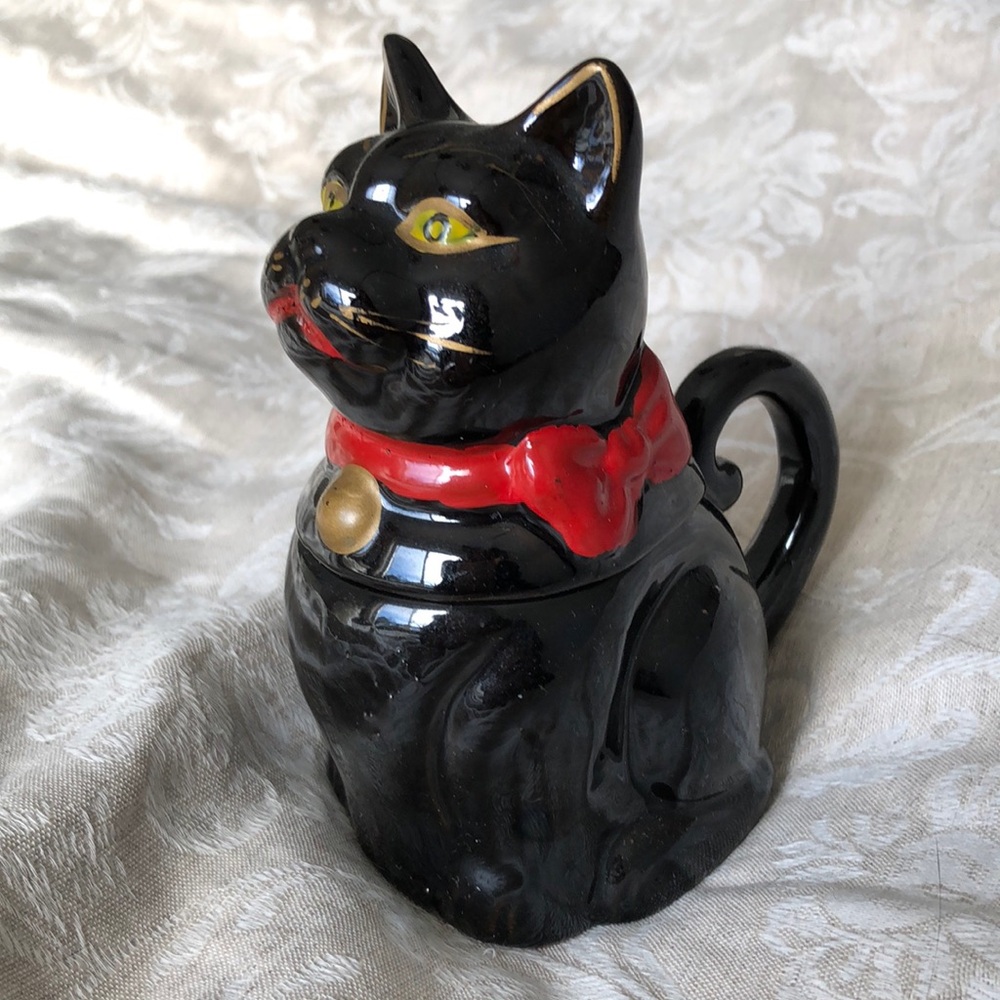 Black Ceramic Cat Sugar Salt Pepper Creamer Container Bowl Handpainted